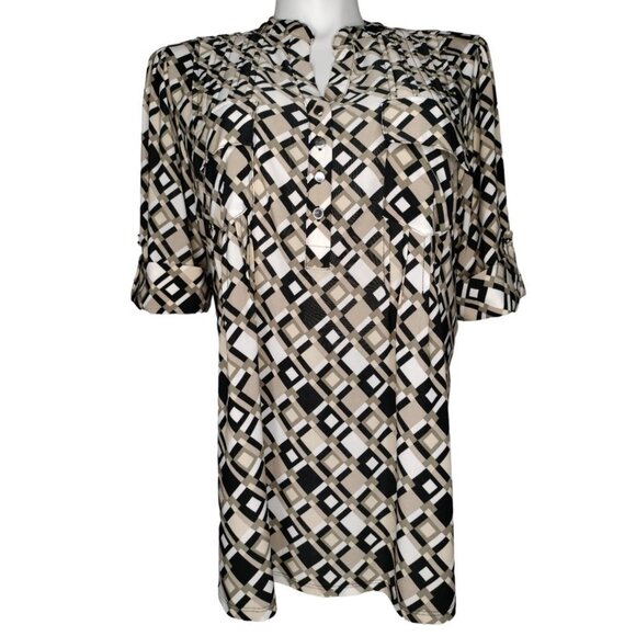 Cocomo Women's Plus Size 2X Black & Beige Multi Pintuck 3/4 Sleeve Blouse Top - Picture 3 of 7